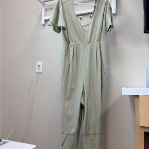 Free People Sage Green Knit Jumpsuit Raw Hem Boho Lounge One Piece